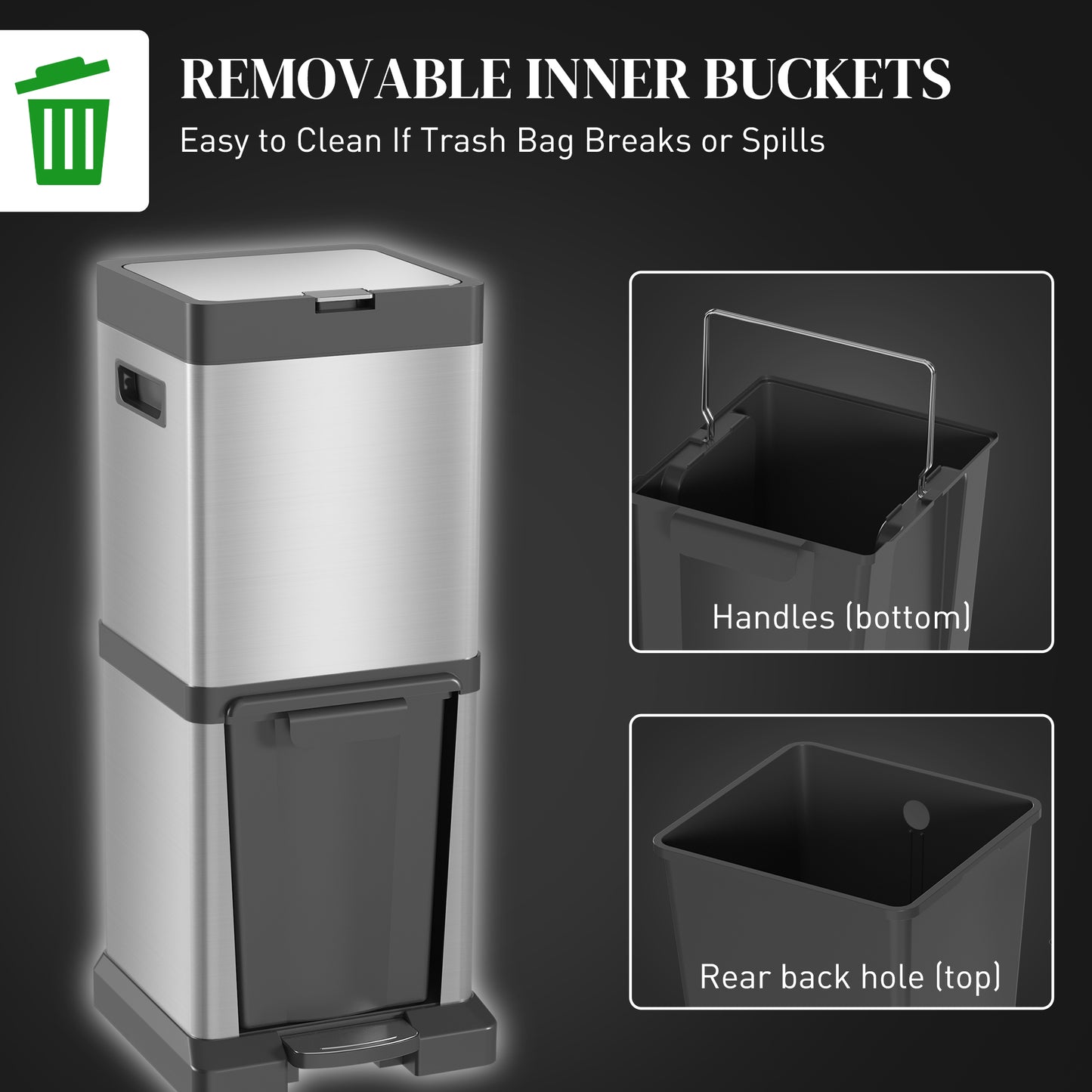 Dual Kitchen Bin, 20+14L Double Bin for Recycling and Waste, Stainless Steel Vertical Pedal Bin with Tilt Out Bin, Soft-Close Lid