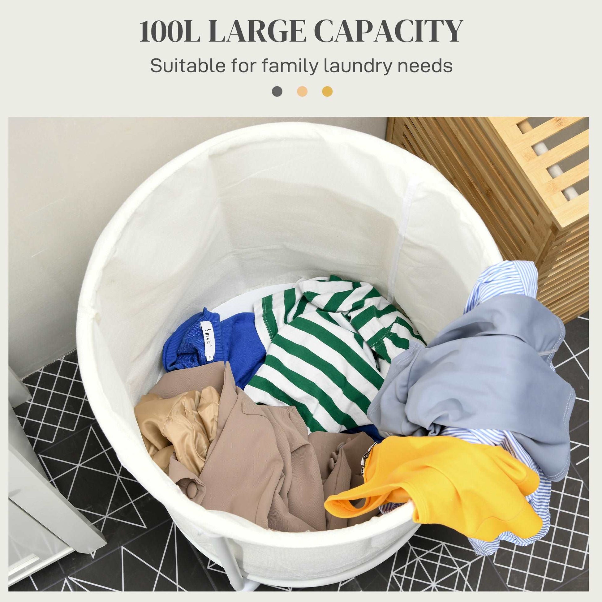 100L Rolling Laundry Washing Basket on Wheels, 50cm Round Hamper W/ Removable Bag And Steel Frame For Bedroom, Bathroom, Laundry Room