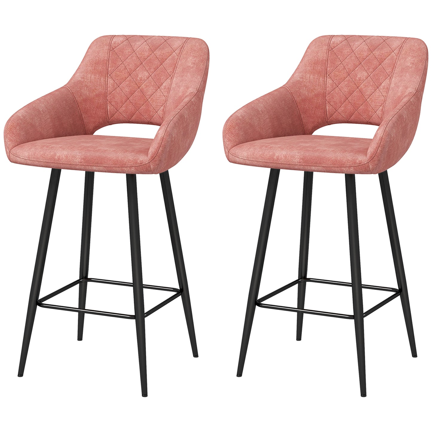 Retro Style Set of Two Velvet-Feel Bar Stools - Pink