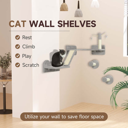 PawHut 3 Piece Cat Wall Furniture with Scratching Posts, Scratching Pads, Perches, Cat Wands, Toy Balls, Light Grey