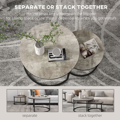 Industrial Nesting Coffee Table Set of 2, Round Coffee Tables, Living Room Table with Faux Cement Top and Steel Frame