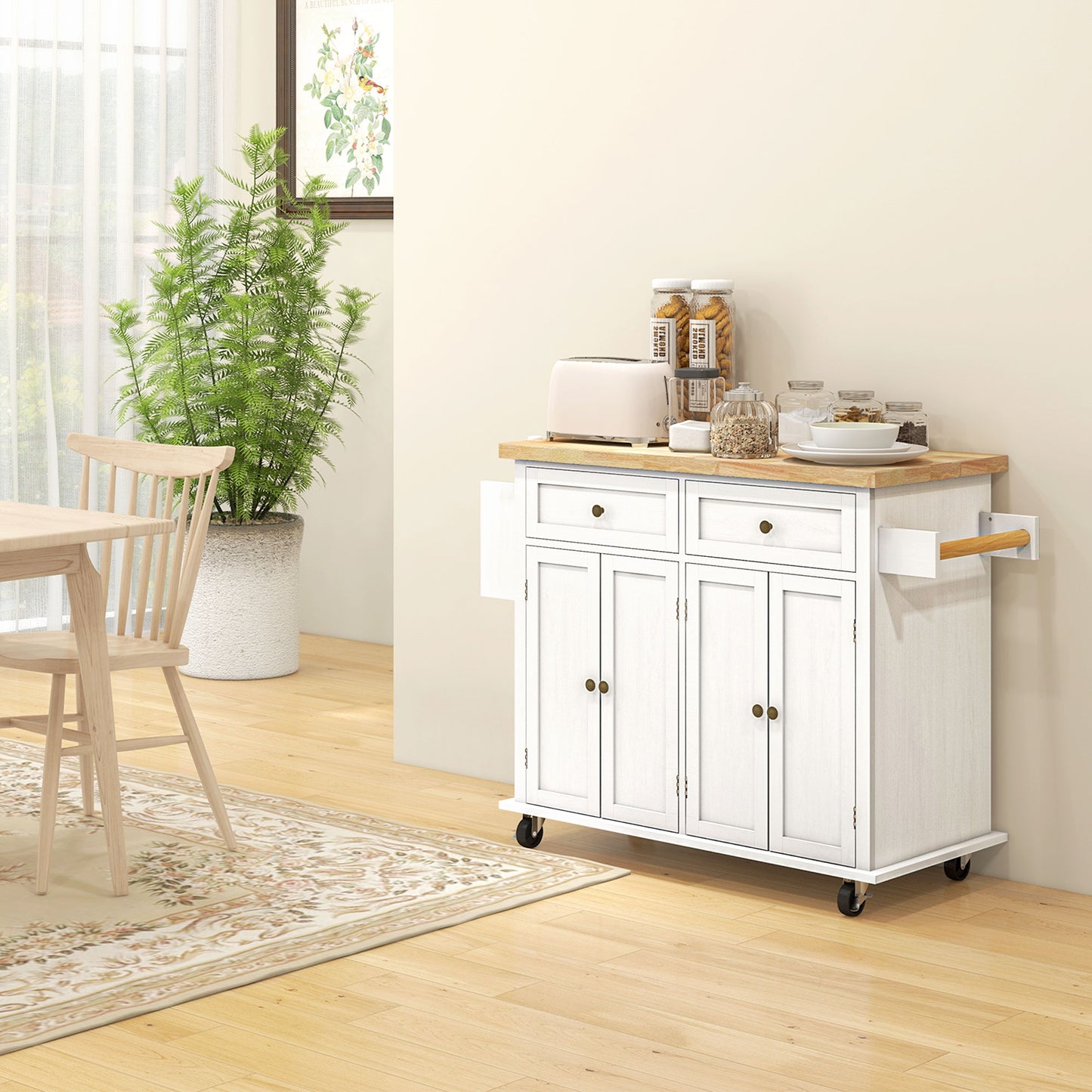 Rolling Kitchen Island Storage Trolley with Rubber Wood Top & Drawers for Dining Room, White