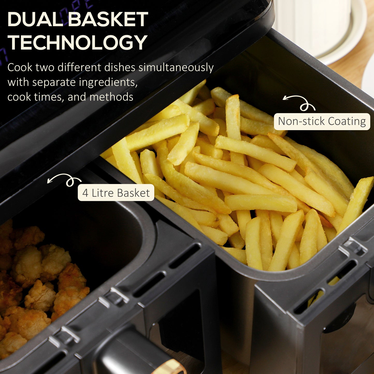 HOMCOM Dual Basket Air Fryer, 8L Family Size Double Air Fryer Oven, Digital Display, Visual Window, Inner Light, Recipe, 2500W