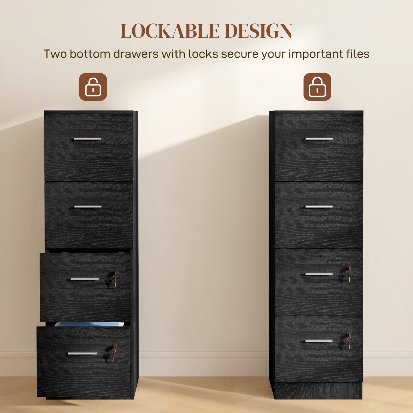 Four-Drawer Lockable Filing Cabinet - Black / White Ash Wood Effect