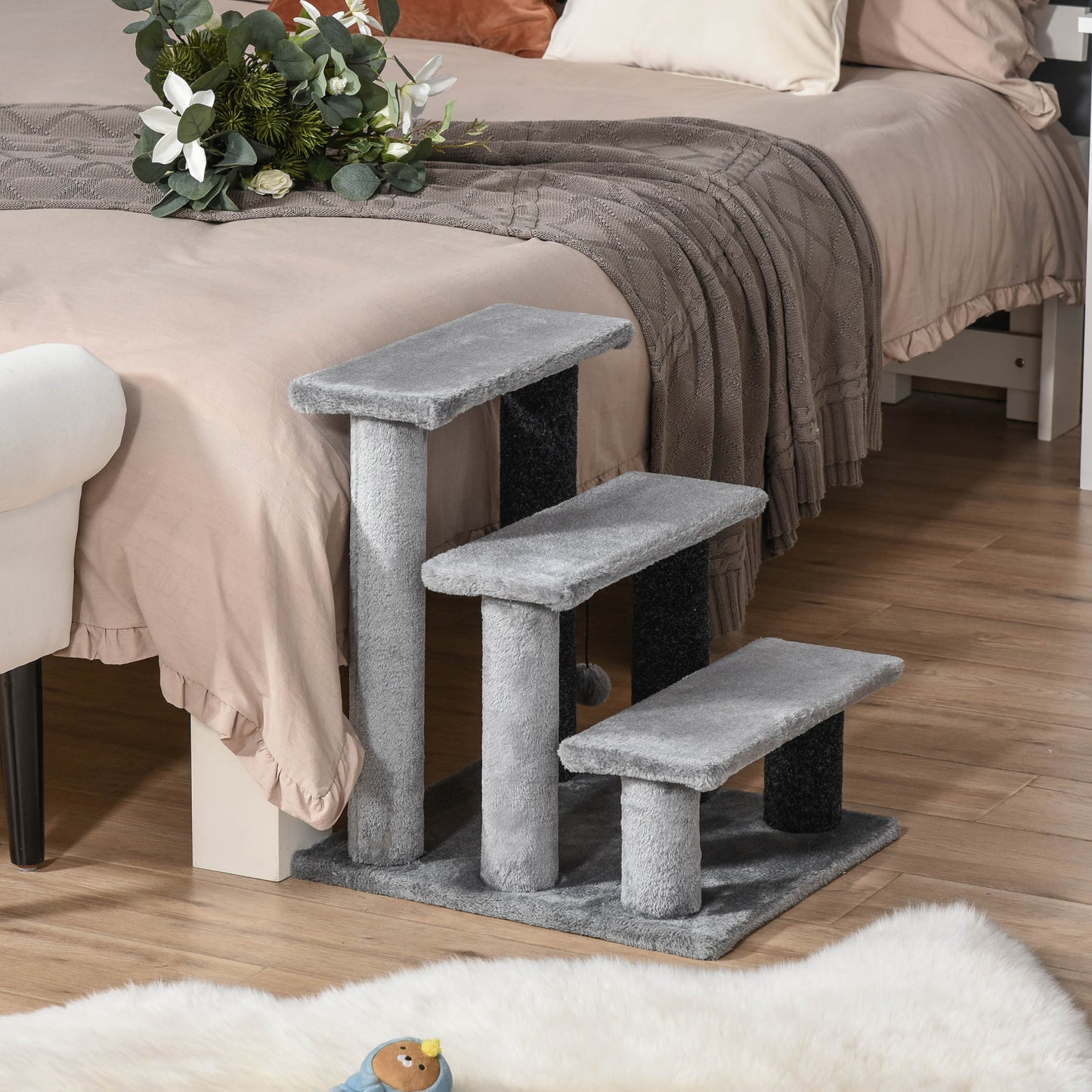 PawHut 3-step Pet Steps Stairs With Scratching Posts, Platforms, Toy Ball, Grey