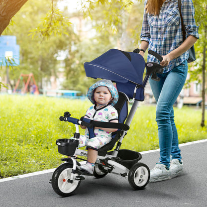 Metal Frame 4 in 1 Baby Push Tricycle with Parent Handle for 1-5 Years Old, Dark Blue