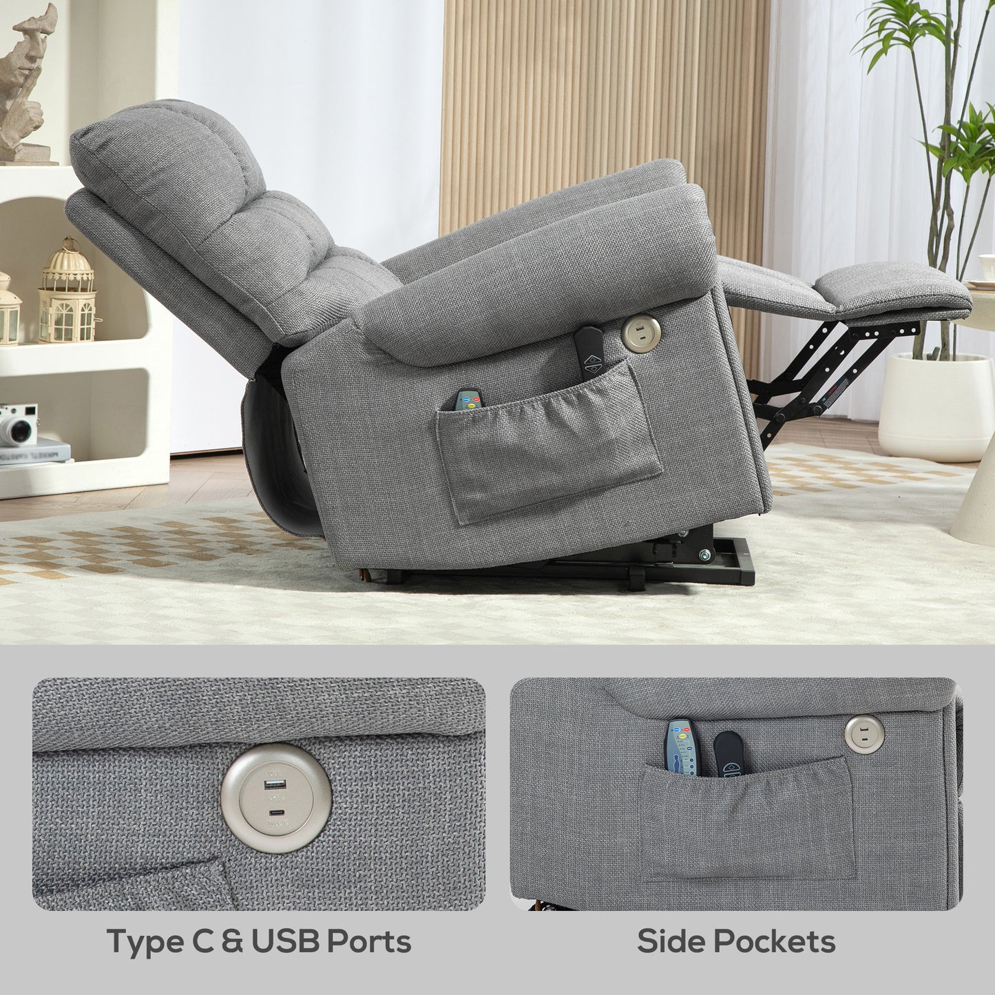 Power Lift Chair Electric Recliner Armchair with Massage and Heat, Type C and USB Ports, Fabric Riser and Reclining Chair - Grey