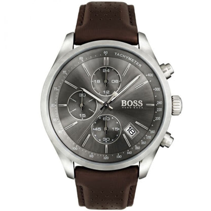 Hugo Boss Mens Grand Prix Chronograph Wrist Watch Grey Dial Brown Strap HB1513476