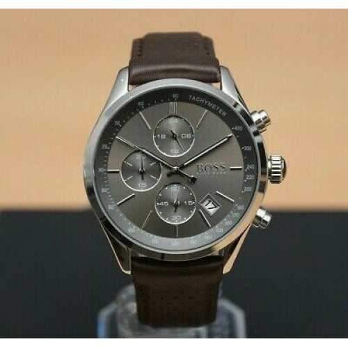 Hugo Boss Mens Grand Prix Chronograph Wrist Watch Grey Dial Brown Strap HB1513476