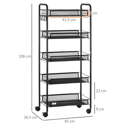 5 Tier Utility Rolling Cart, Metal Storage Cart, Kitchen Cart with Removable Mesh Baskets, for Living Room, Laundry, Garage and Bathroom, Black