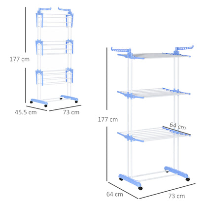 Foldable Clothes Drying Rack, 4-Tier Steel Garment Laundry Rack with Castors for Indoor and Outdoor Use, Blue