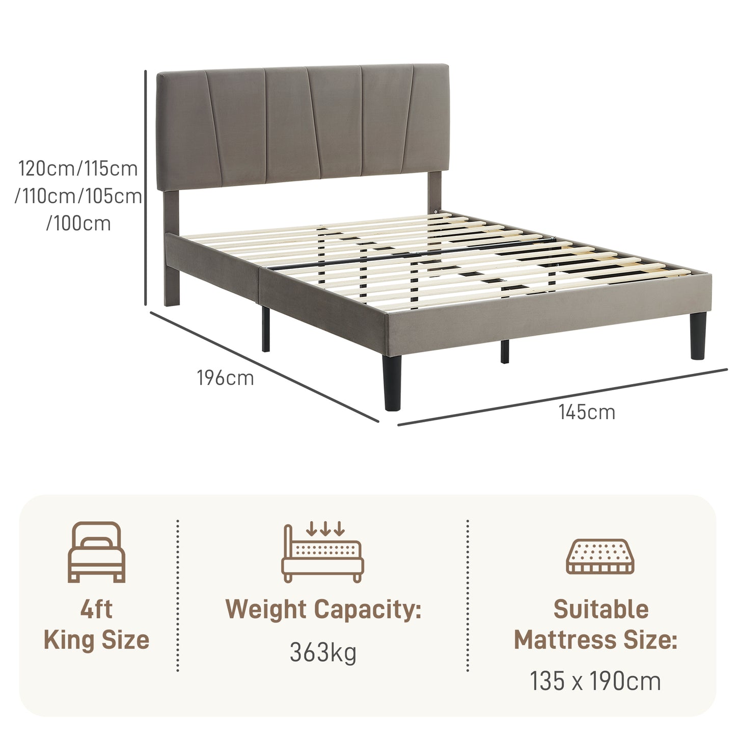 Double Velvet-Feel Headboard Bed Frame - Grey