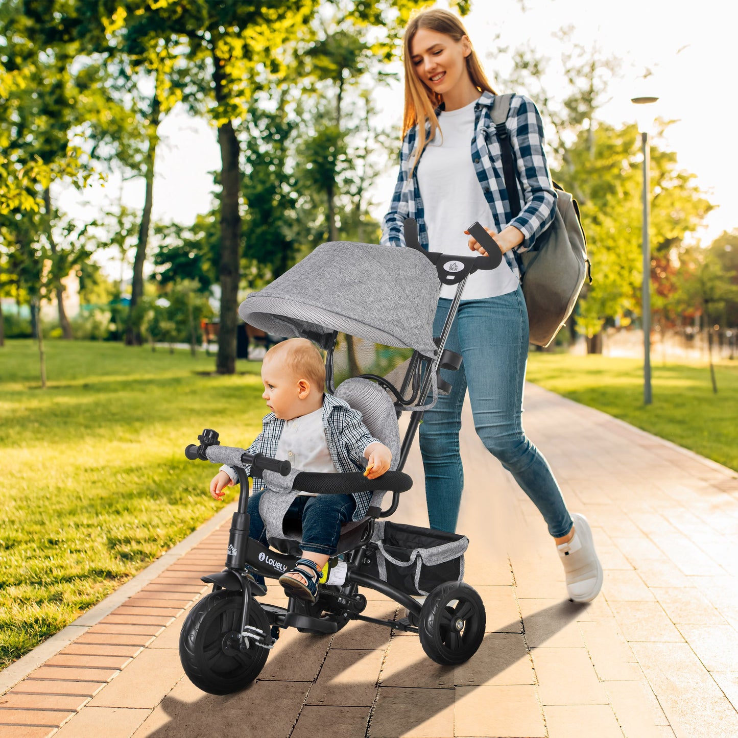 4 in 1 Kids Trike Push Bike w/ Push Handle, Canopy, 5-point Safety Belt, Storage, Footrest, Brake, for 1-5 Years, Grey