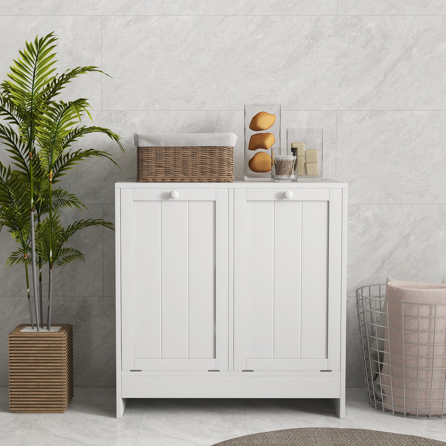 Kleankin Tilt-Out Laundry Cabinet, Modern Bathroom Cabinet with 2 Compartments For Bathroom Washroom