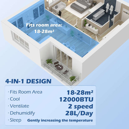 12,000 BTU Mobile Air Conditioner for Room up to 28m², with Dehumidifier, Sleep Mode, 24H Timer On/off, Wheels