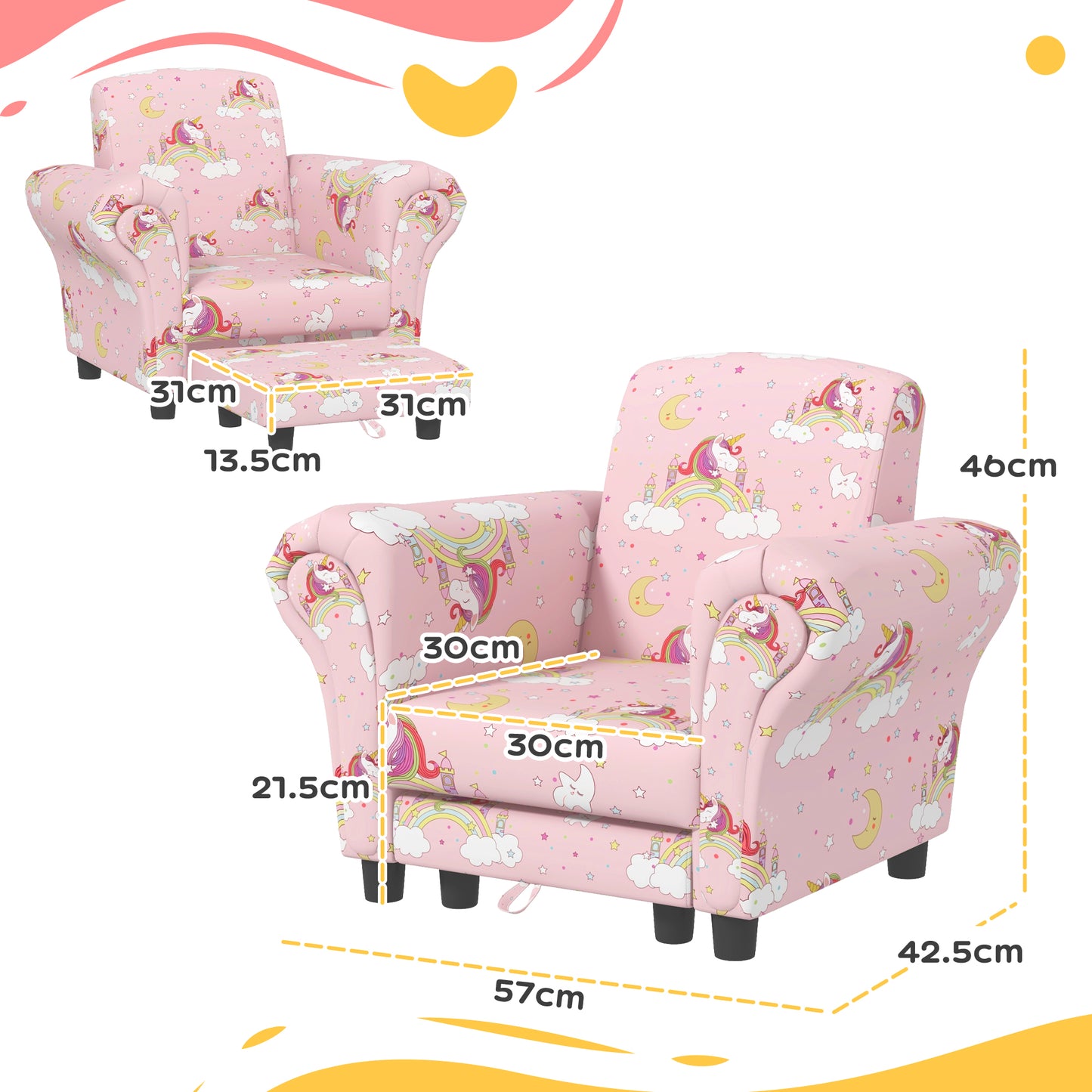 AIYAPLAY 2 Piece Kids Sofa Set with Unicorn Design, Wooden Frame, for 1.5-3 Years Old, Pink