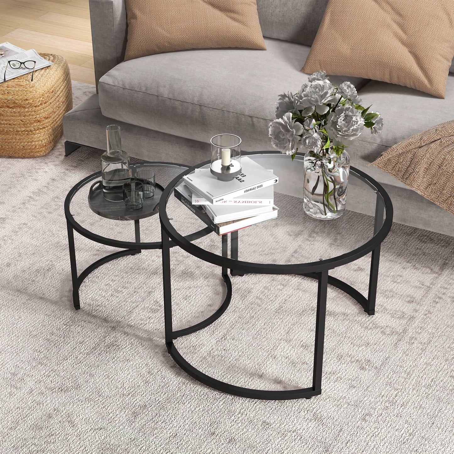 Glass Coffee Table Set of 2, Round Nest of Tables with Tempered Glass Tabletop and Steel Frame, Modern Side Tables for Living Room, Black