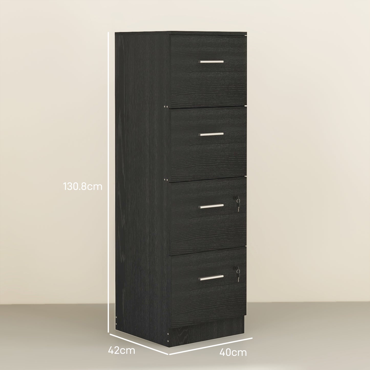 Four-Drawer Lockable Filing Cabinet - Black / White Ash Wood Effect