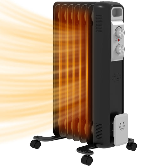 1500W Quiet Oil Filled Radiator, 7 Fin Energy Efficient Electric Heater W/ 3 Heat Settings, Adjustable Temperate Wheels, for Home