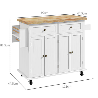 Rolling Kitchen Island Storage Trolley with Rubber Wood Top & Drawers for Dining Room, White