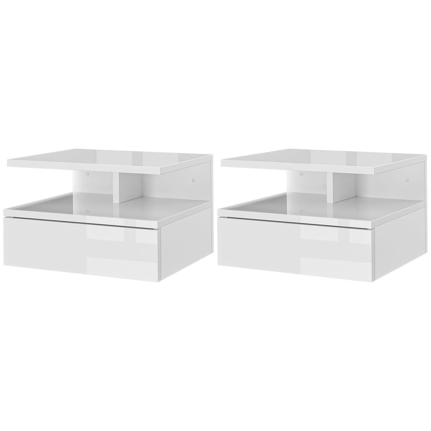 Set of Two Floating High Gloss Bedside Tables - White