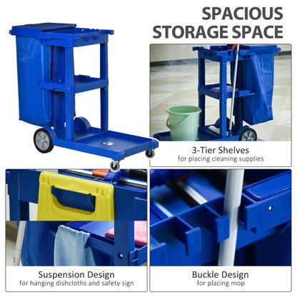 Cleaning Carts On Wheels, Janitorial Trolley W/ 3 Tier Shelves, Housekeeping Utility Service Unit W/ Rubbish Bag Mop Mount for Hotel, Office, Blue