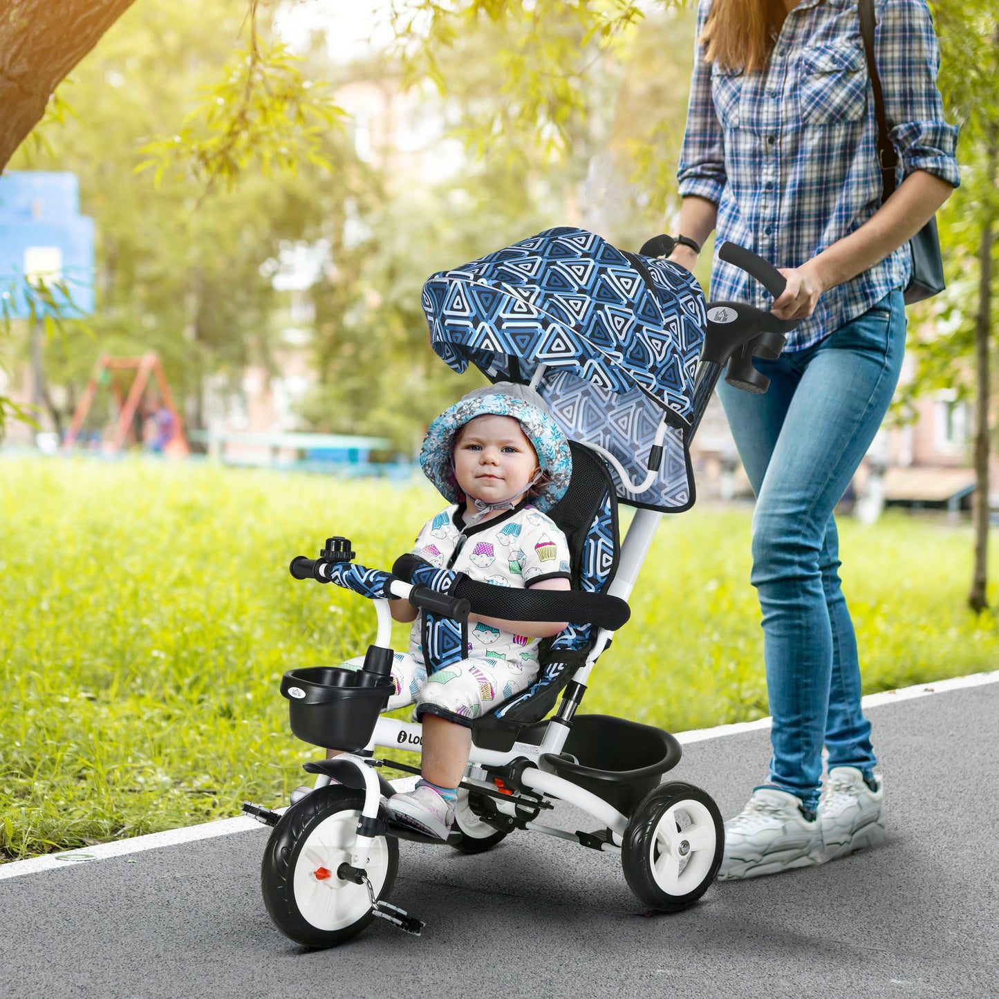 Metal Frame 4 in 1 Baby Push Tricycle with Parent Handle for 1-5 Years Old, Light Blue