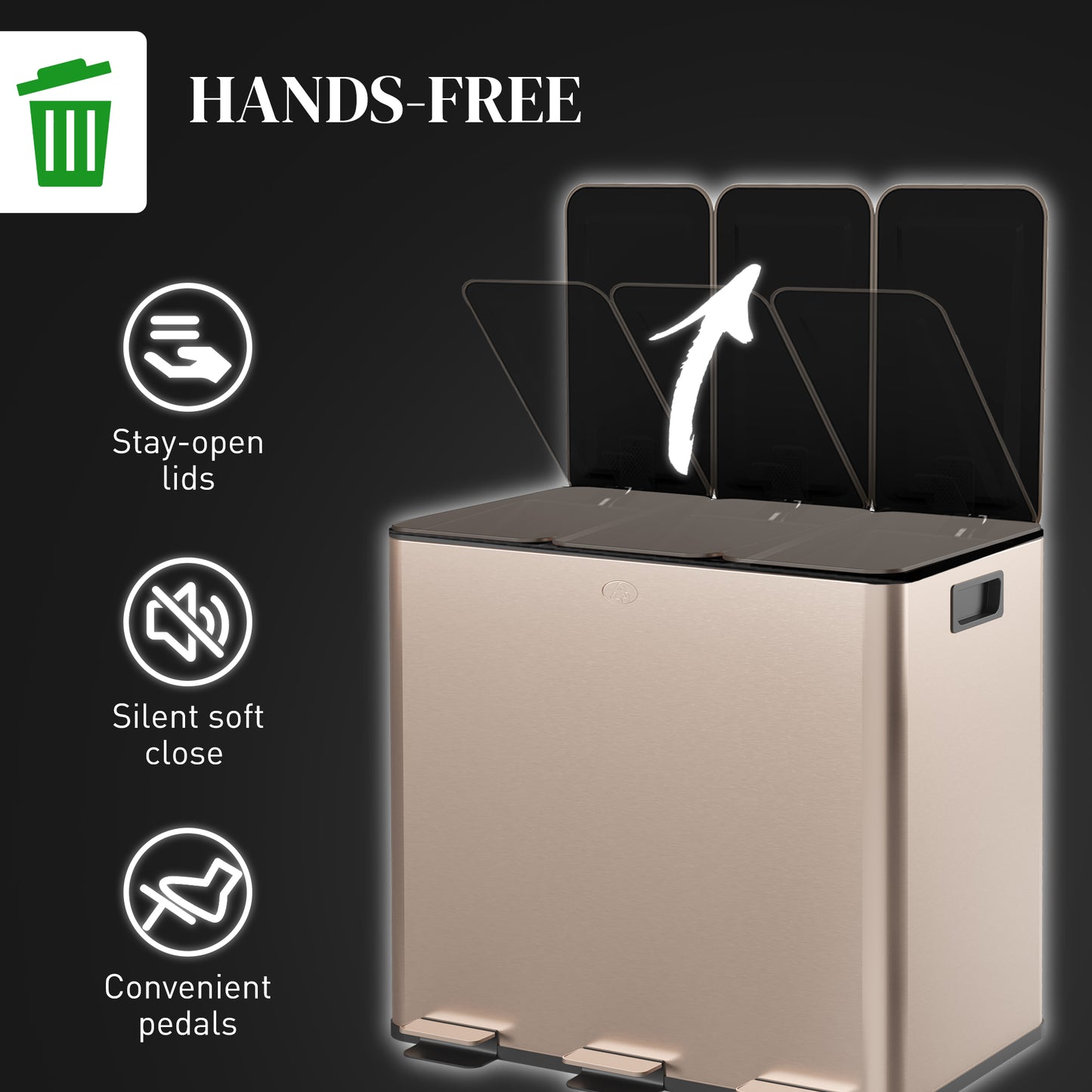 3 x 15L Pedal Bin, Steel Triple Kitchen Bin with Soft Close Lid, Removable Inner Buckets, Fingerprint-Proof, Gold Tone