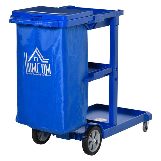 Cleaning Carts On Wheels, Janitorial Trolley W/ 3 Tier Shelves, Housekeeping Utility Service Unit W/ Rubbish Bag Mop Mount for Hotel, Office, Blue