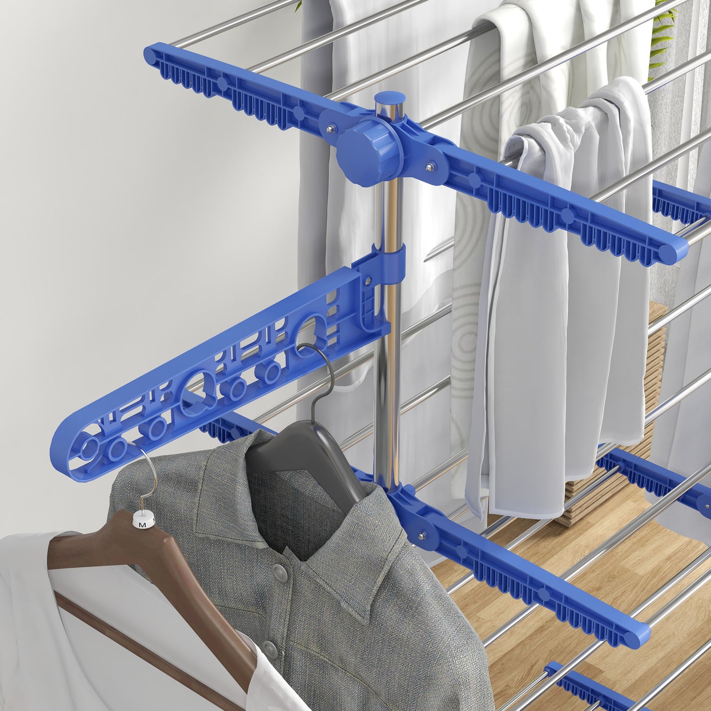 4-Tier Clothes Airer, Foldable Clothes Drying Rack, Indoor And Outdoor Clothes Dryer With Wheels and Wings, 142 x 55 x 172cm, Blue