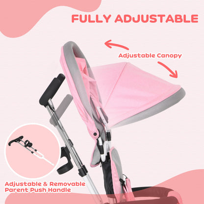 4 in 1 Kids Trike Push Bike w/ Push Handle, Canopy, 5-point Safety Belt, Storage, Footrest, Brake, for 1-5 Years, Pink