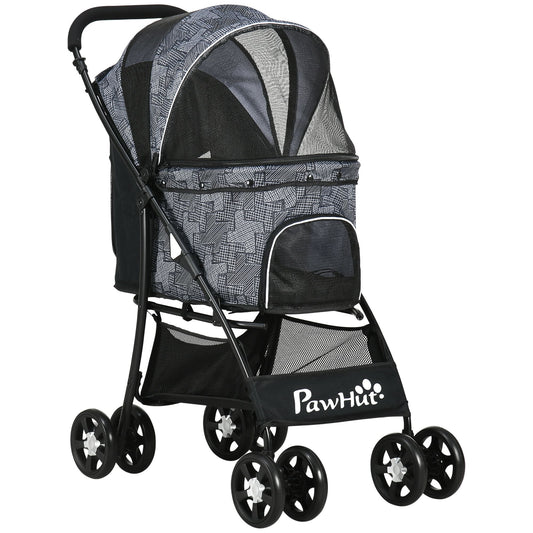 PawHut Pet Stroller, Dog Cat Travel Carriage, Foldable Carrying Bag with Large Carriage, Universal Wheels, Brake Canopy, Basket, Storage Bag, Grey