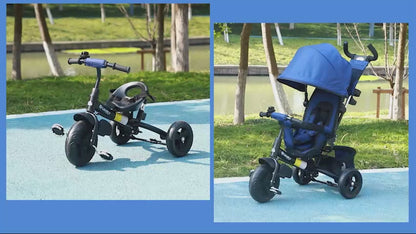 4 in 1 Kids Trike Push Bike w/ Push Handle, Canopy, 5-point Safety Belt, Storage, Footrest, Brake, for 1-5 Years, Blue