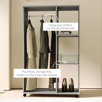 Open Wardrobe on Wheels with Clothes Rail, Bedroom Clothes Storage with Hanging Rod, 3 Storage Shelves, Mobile Garment Rack for Cloakroom, Hallway, Grey