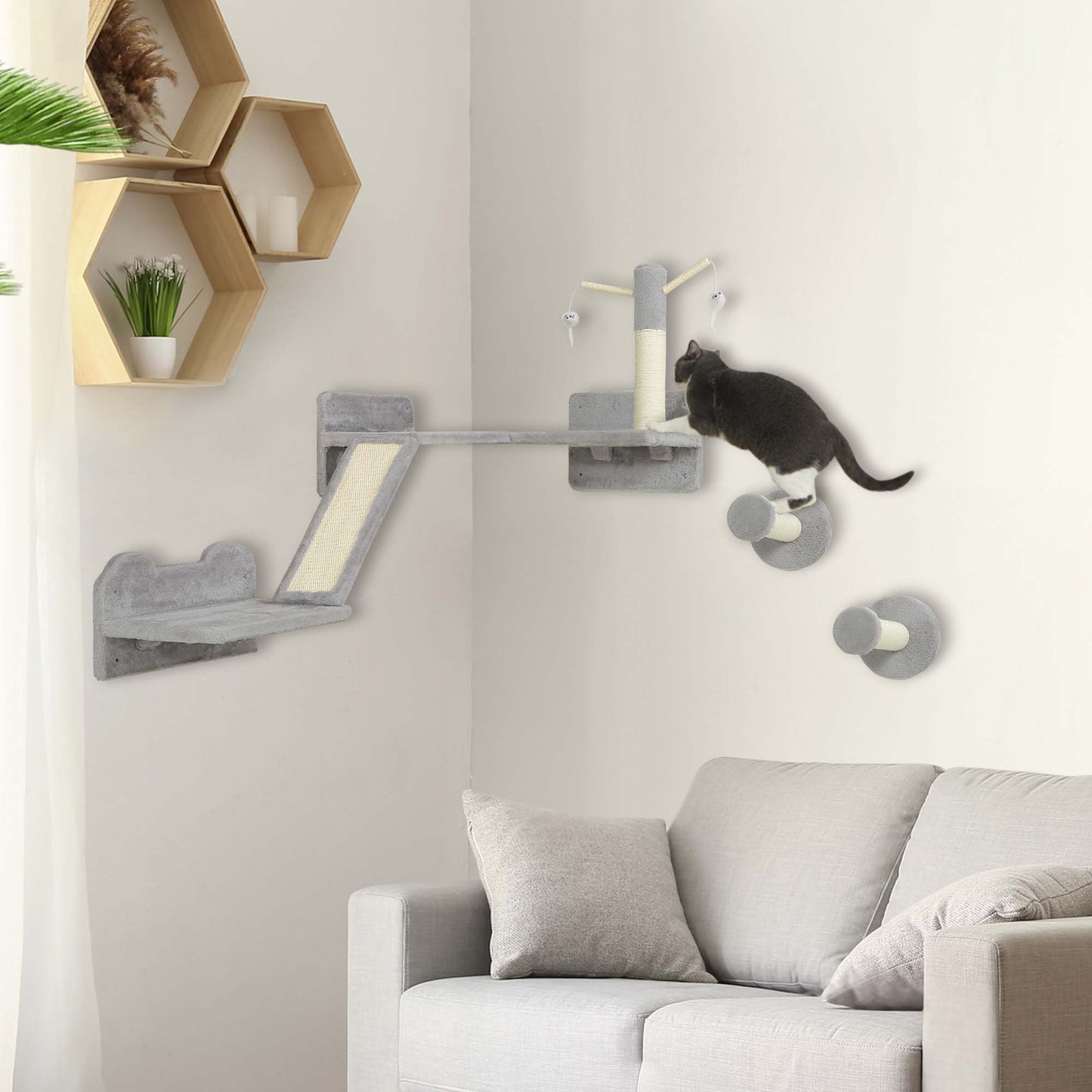 PawHut 3 Piece Cat Wall Furniture with Scratching Posts, Scratching Pads, Perches, Cat Wands, Toy Balls, Light Grey