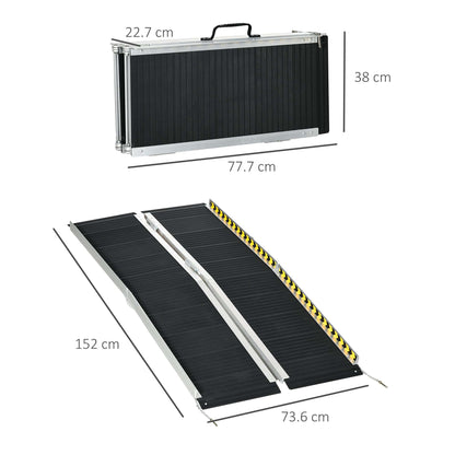 152L x 73Wcm, 272KG Capacity, Folding Aluminium Threshold Ramp w/ Non-Skid Surface, Transition Plates Above & Below for Steps