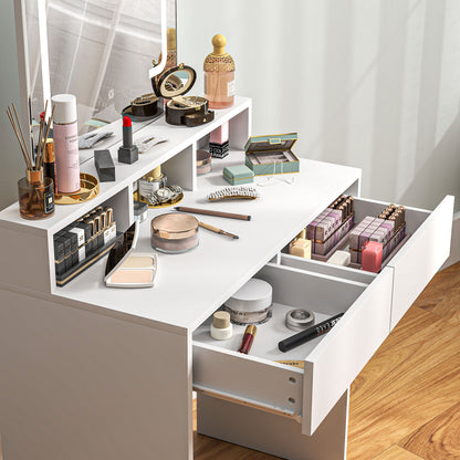 Dressing Table W/ Mirror and LED Lights, Vanity Table, 2 Drawers, 3 Compartments, 3 Colour Lighting for Bedroom, Modern Makeup Table