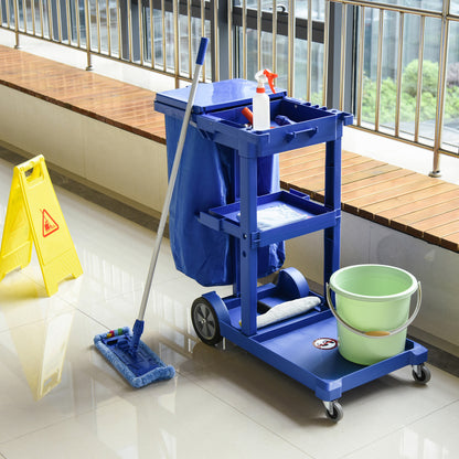 Cleaning Carts On Wheels, Janitorial Trolley W/ 3 Tier Shelves, Housekeeping Utility Service Unit W/ Rubbish Bag Mop Mount for Hotel, Office, Blue