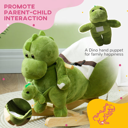 AIYAPLAY Dinosaur-Shaped Baby Rocking Horse w/ Safety Belt, 32 Songs, Wood Base, Hand Puppet