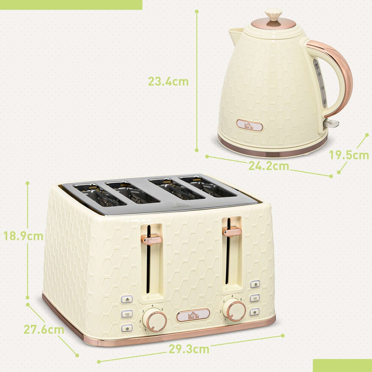 Kettle and Toaster Set, 1.7L 3000W Fast Boil Jug Kettle with Auto Shut Off, 4 Slice Toaster with 7 Level Browning Controls & Crumb Tray, Beige