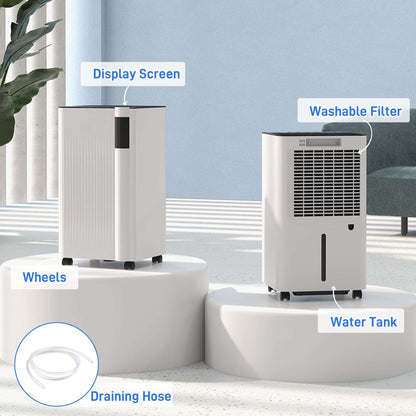 12L/Day Dehumidifier with Continuous Drainage, 2L Water Tank, 24H Timer, Digital Humidity Display, Filter, for Home Damp, Bedroom, Laundry Drying