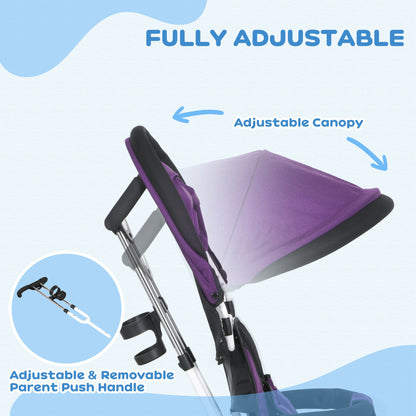 4 in 1 Kids Trike Push Bike w/ Push Handle, Canopy, 5-point Safety Belt, Storage, Footrest, Brake, for 1-5 Years, Purple