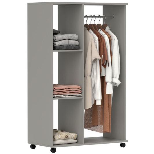 Open Wardrobe on Wheels with Clothes Rail, Bedroom Clothes Storage with Hanging Rod, 3 Storage Shelves, Mobile Garment Rack for Cloakroom, Hallway, Grey