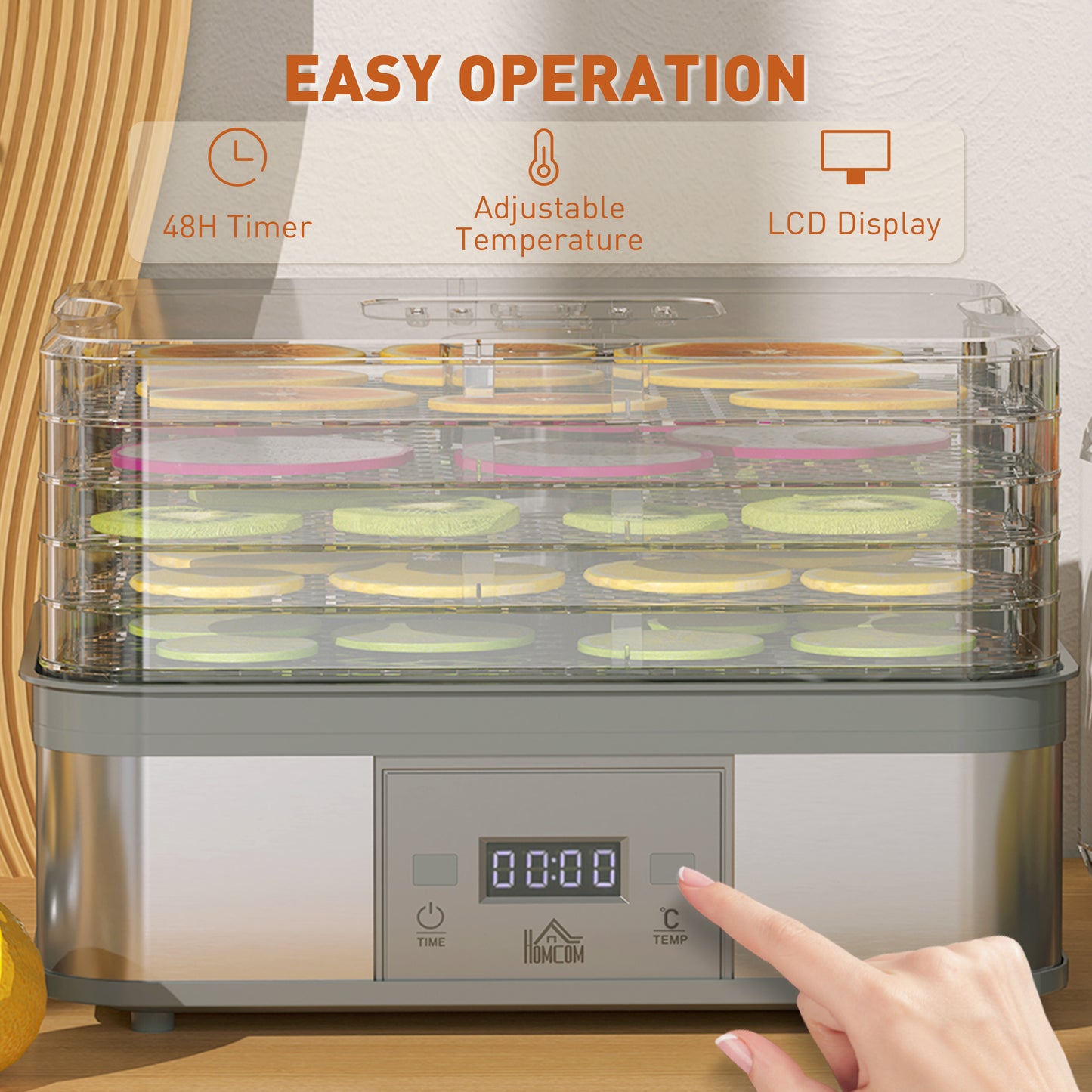 5 Tier Food Dehydrator, 245W Stainless Steel Food Dryer Machine with Adjustable Temperature, Timer and LCD Display for Drying Fruit, Meat, Vegetable, Jerky and Pet Treat, Grey