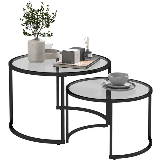 Glass Coffee Table Set of 2, Round Nest of Tables with Tempered Glass Tabletop and Steel Frame, Modern Side Tables for Living Room, Black