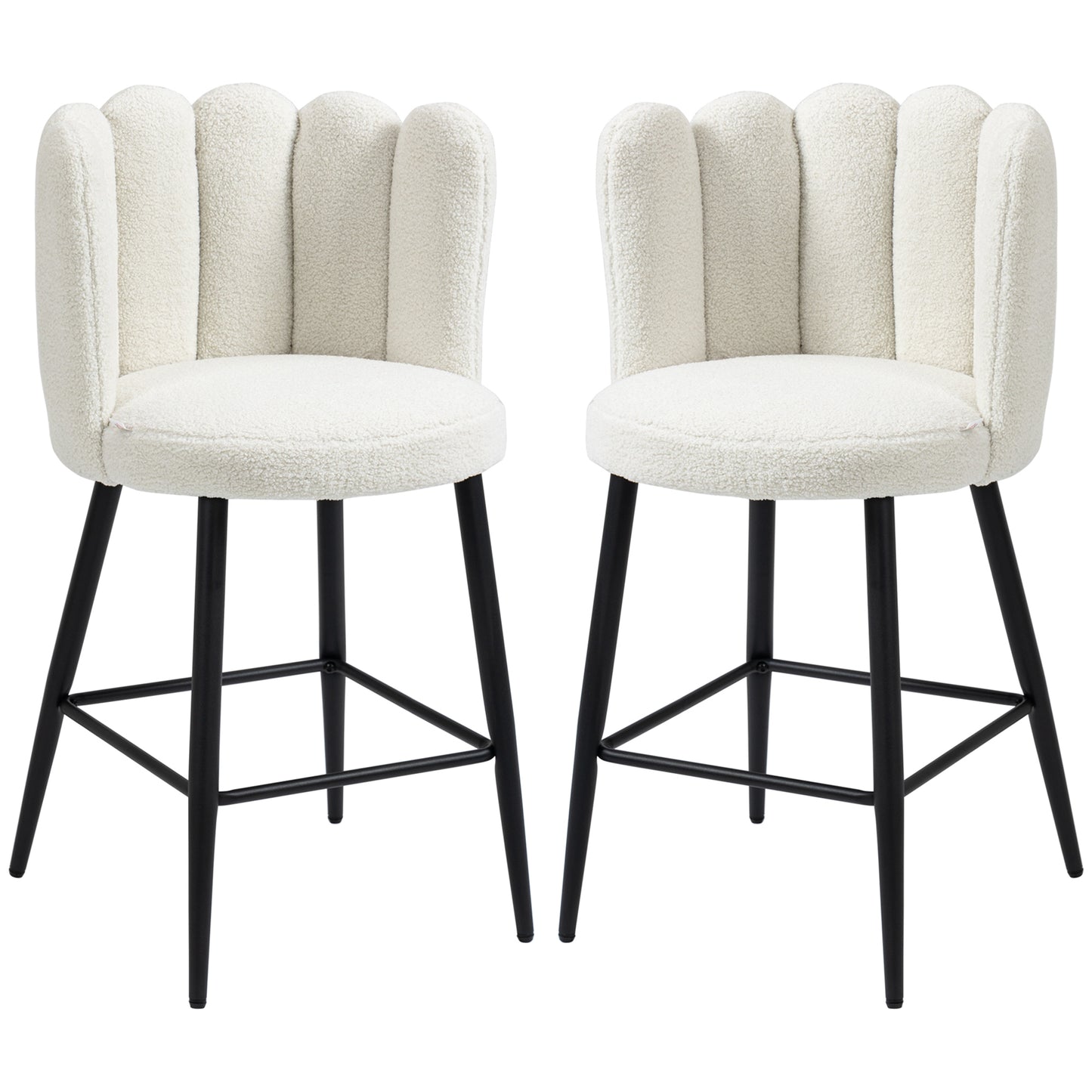 Bar Stools Set of 2, Faux Cashmere Upholstered Breakfast Bar Chairs, Modern Kitchen Stools with Backs, Footrest and Steel Base, Cream