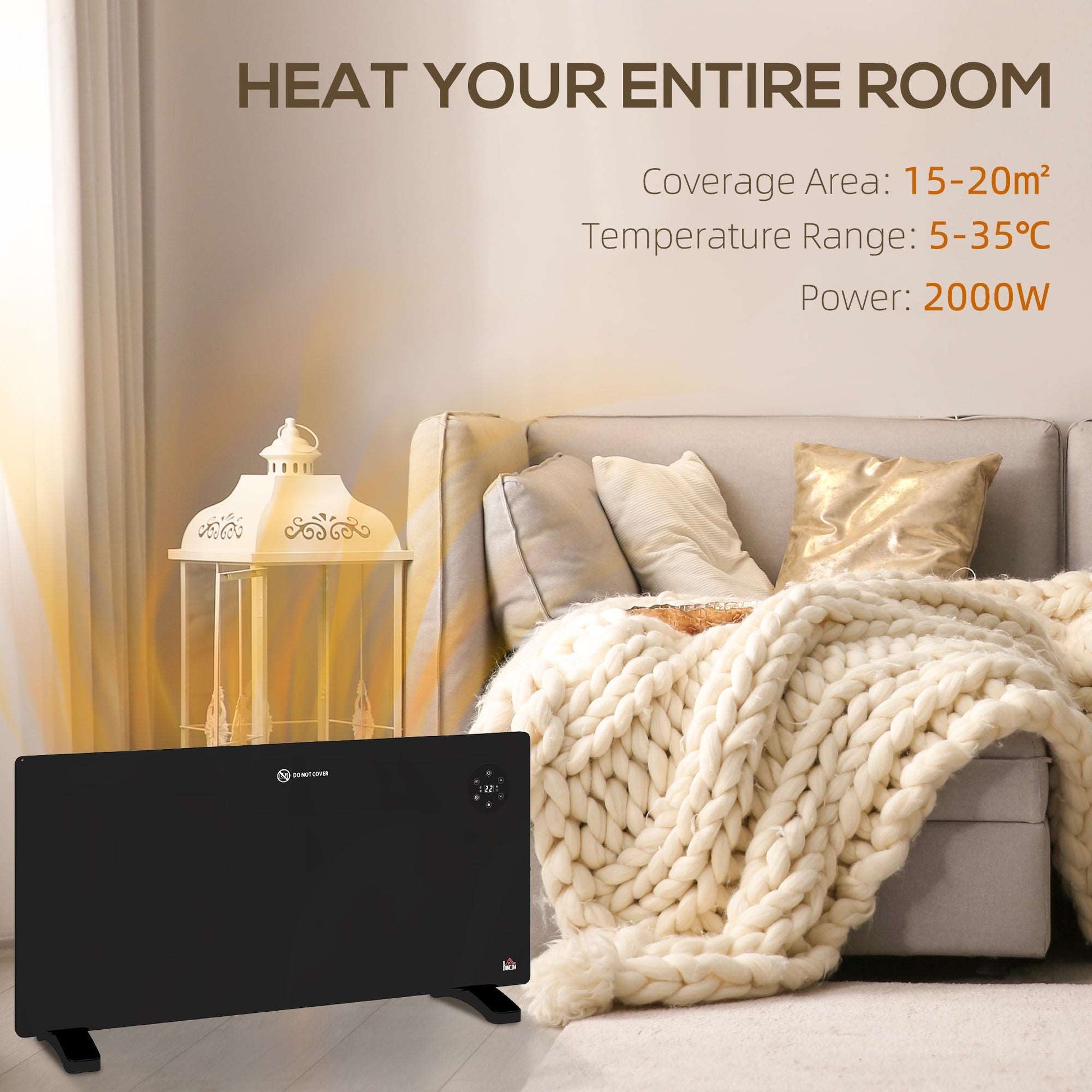 2000W Electric Convector Heater, Freestanding or Wall Mounted, Space Heater with Adjustable Thermostat, Timer, Black