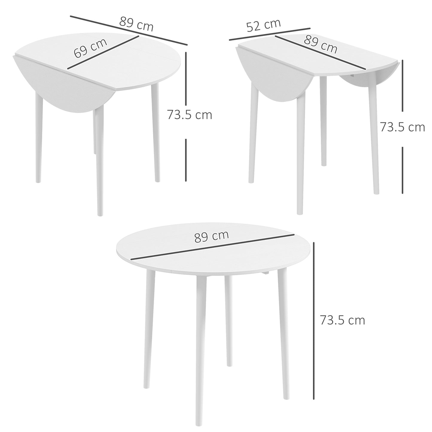 Retro Style Folding Dining Table, Round Drop Leaf Table, Space Saving Small Kitchen Table with Wood Legs for Dining Room, White