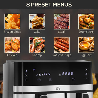 Dual Air Fryer, 8.5L Family Size Double Air Fryer Oven with 8-In-1 Presets, Smart Finish, Digital Display, Recipe, Timer, Healthy Cooking, 2700W