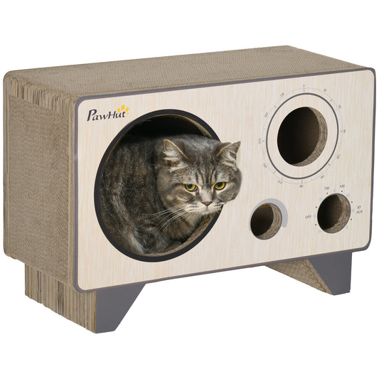 PawHut 2 in 1 Cat Scratcher, Radio Shape Cat House with Catnip, 57 x 24.5 x 39cm, Natural Wood Finish